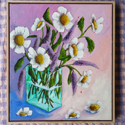 Daisy flowers and lavender in a vase painting