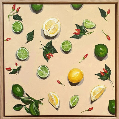 chillies, limes and lemons painting framed in timber