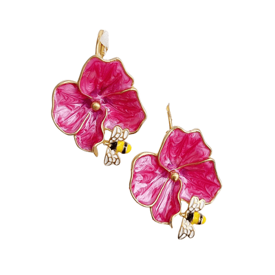 enamel red flower bee earrings