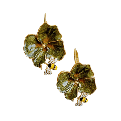 green enamel flower bee earrings