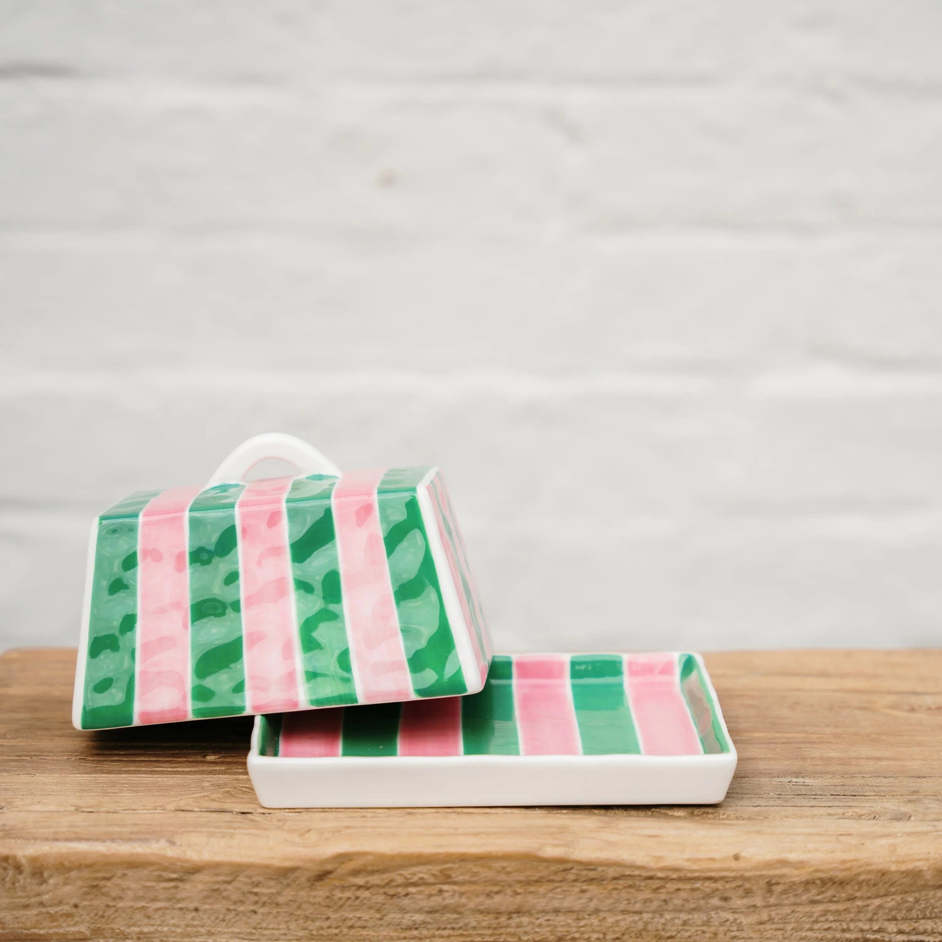 Large Butter Dish | Pink + Green Stripe