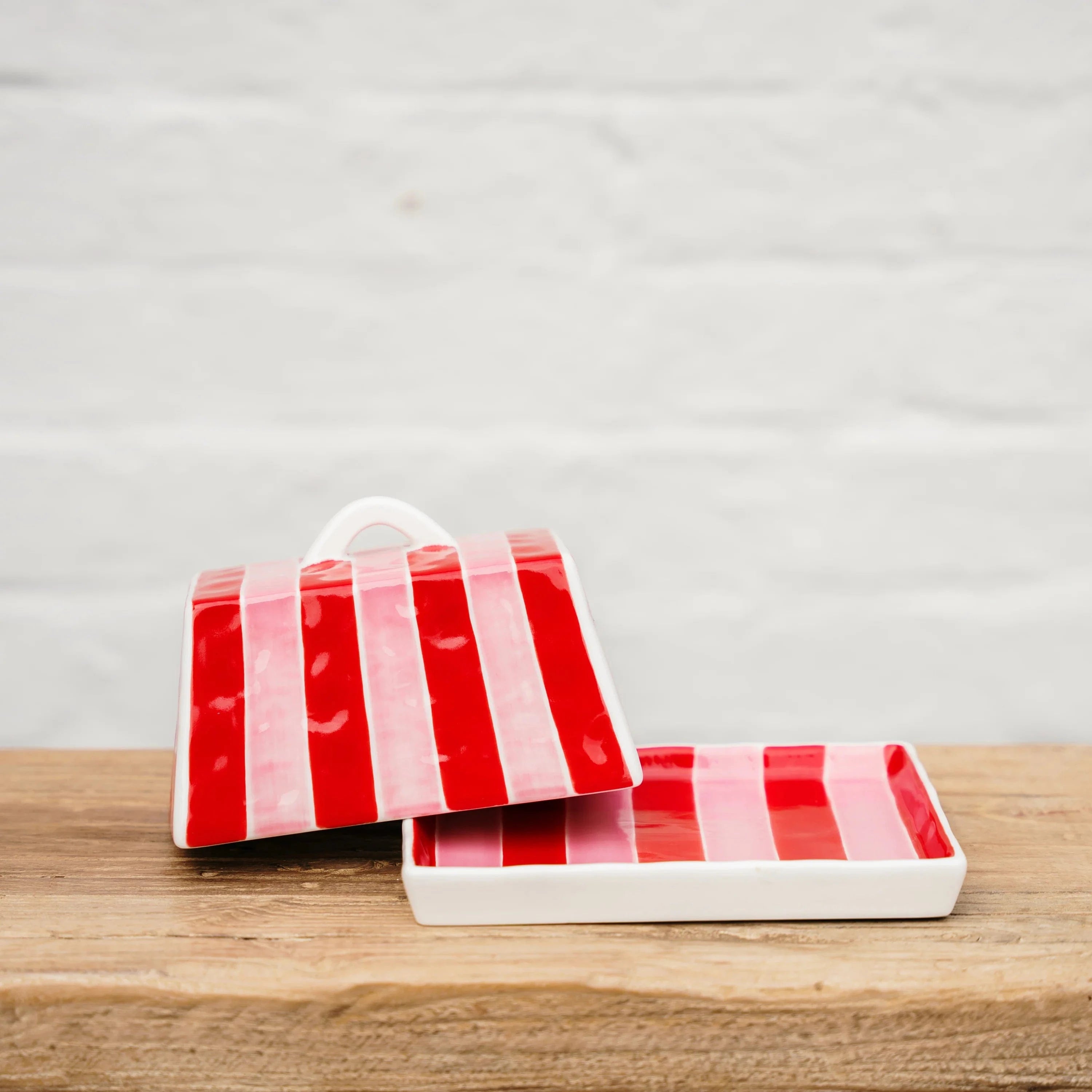 Large Butter Dish | Red + Pink Stripe