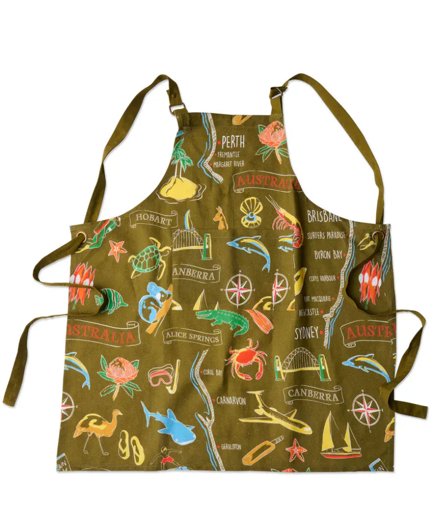 Aussie Road Trip Green Canvas BBQ Apron