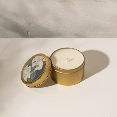 Hand Poured Soy Candle in Travel Tin - Brass - Gardenia