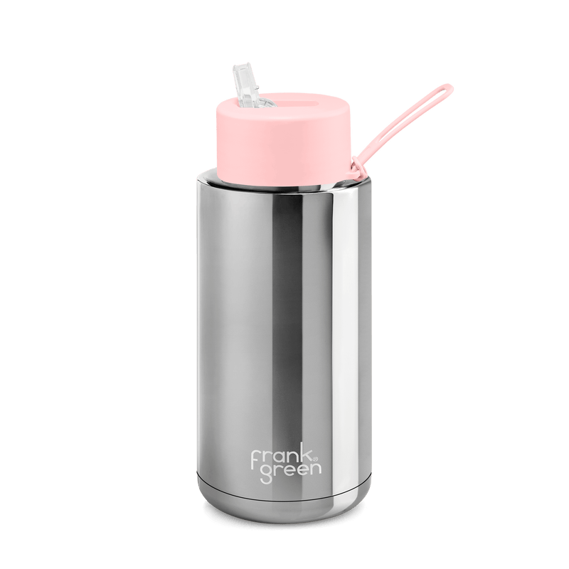 Chrome Silver Reusable Bottle with Blushed Straw Lid - 34oz / 1L