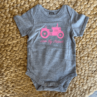 Tractor Onesie in Grey With Pink Printing