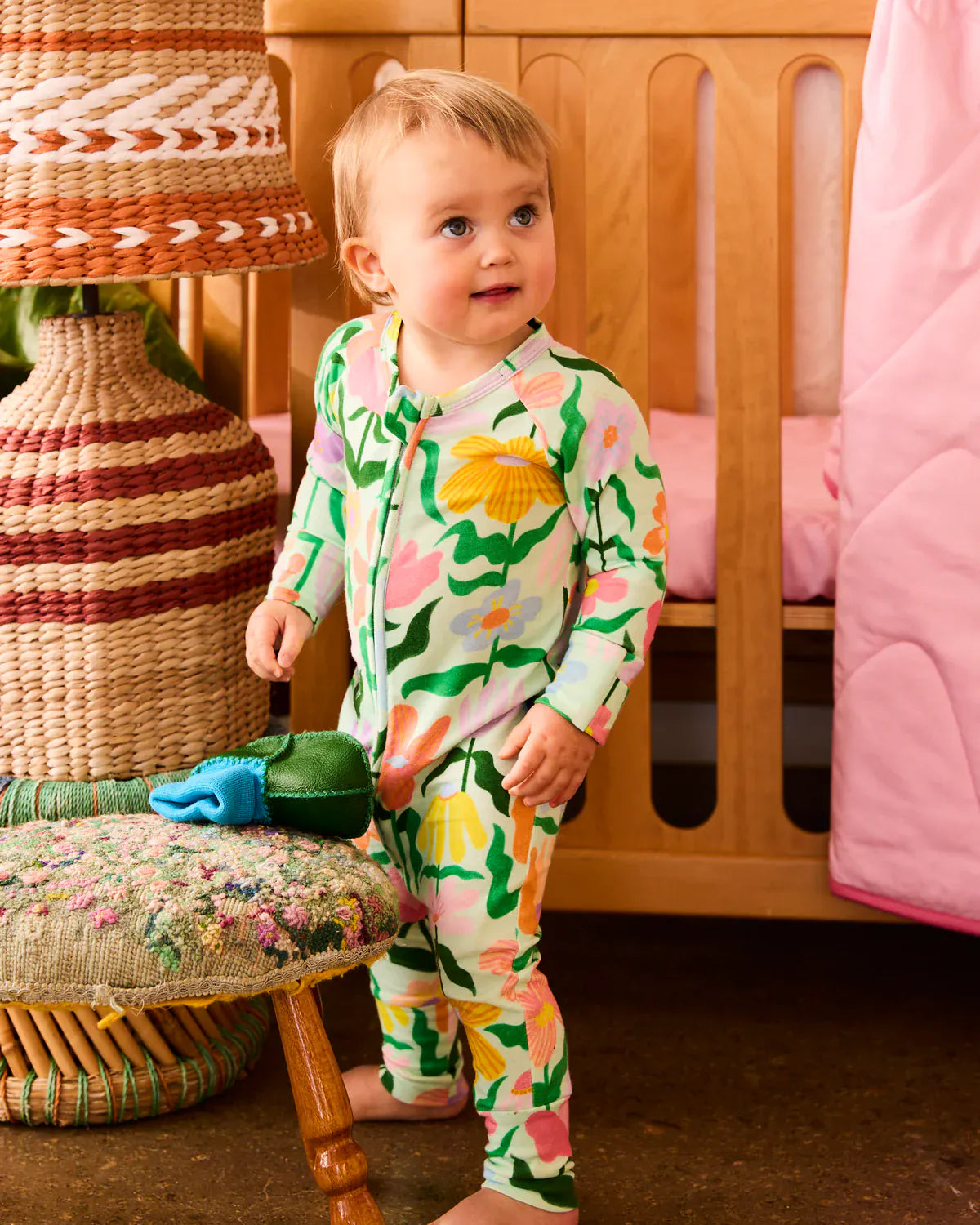 Popping Flowers Green Organic Long Sleeve Zip Romper | 6-12 Months
