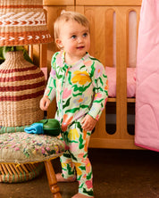 Popping Flowers Green Organic Long Sleeve Zip Romper | 6-12 Months