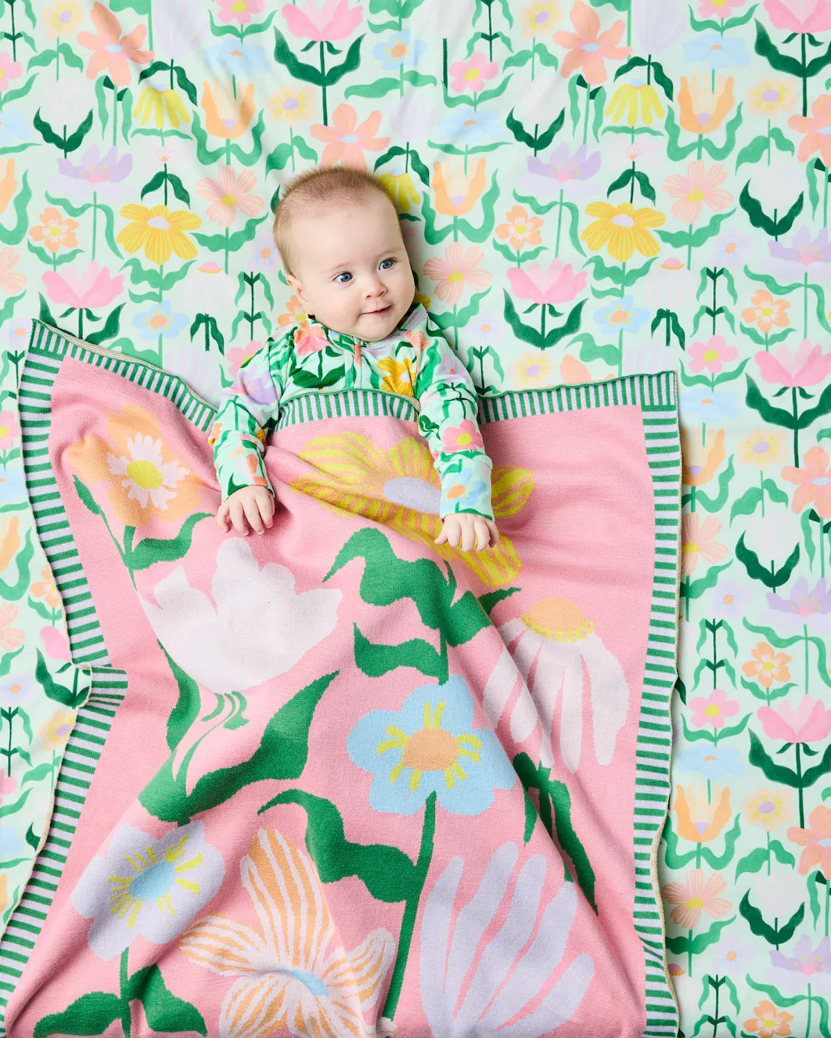 Popping Flowers Green Cotton Knitted Blanket