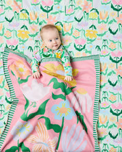 Popping Flowers Green Cotton Knitted Blanket