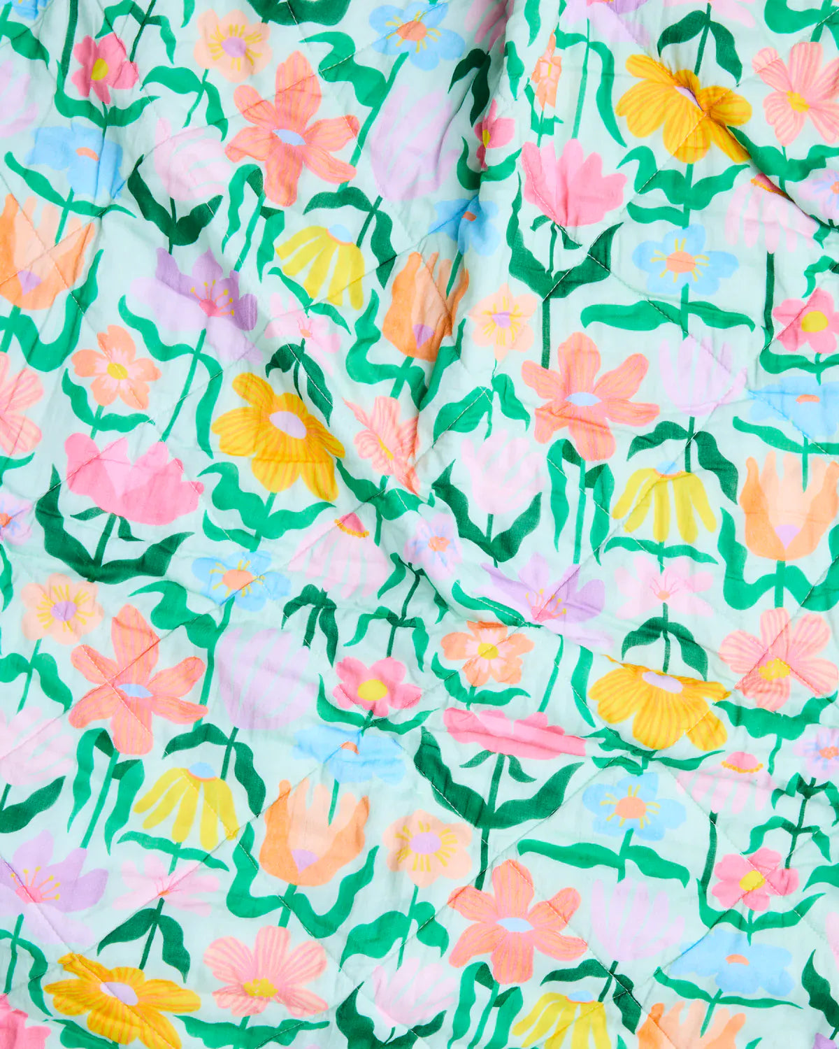 Popping Flowers Green Organic Cotton Quilted Cot Bedspread