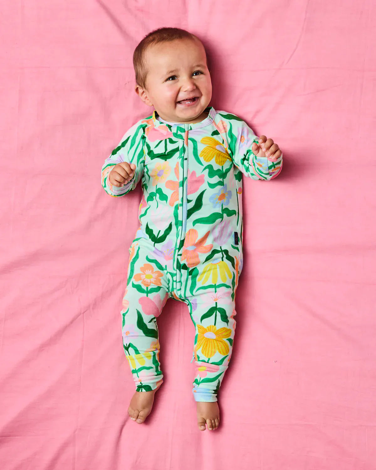 Popping Flowers Green Organic Long Sleeve Zip Romper | 6-12 Months