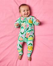 Popping Flowers Green Organic Long Sleeve Zip Romper | 6-12 Months