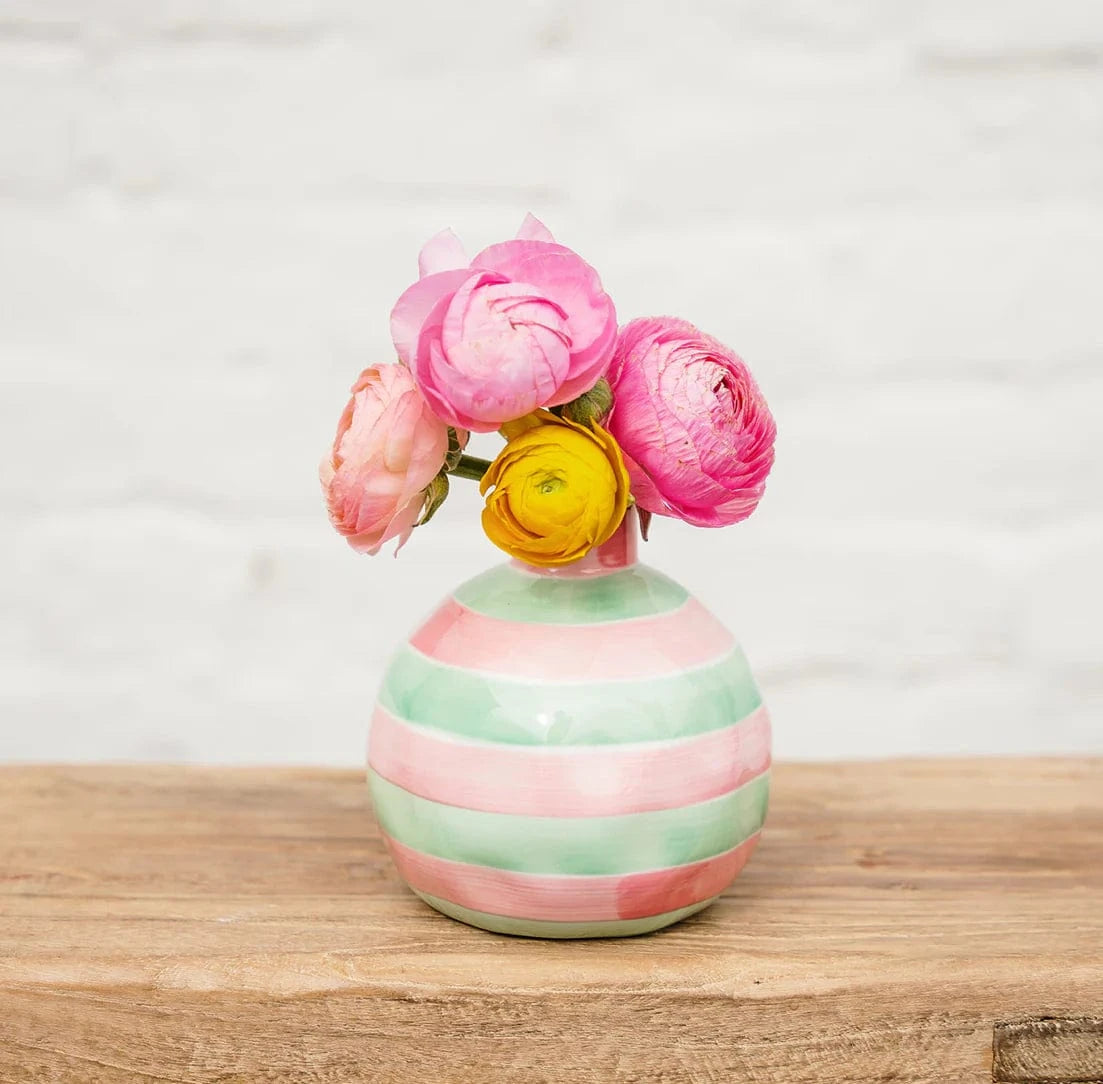 Round Bud Vase | Pink + Mint Green Stripe