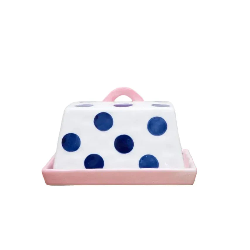 Large Butter Dish | Navy spots with Pink Handle + Tray