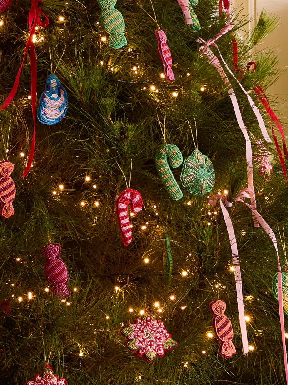 Candy Cane Green Beaded Christmas Decoration