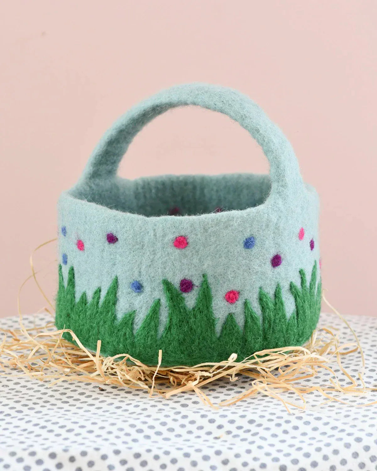 Felt Blue Basket with Colourful Dots