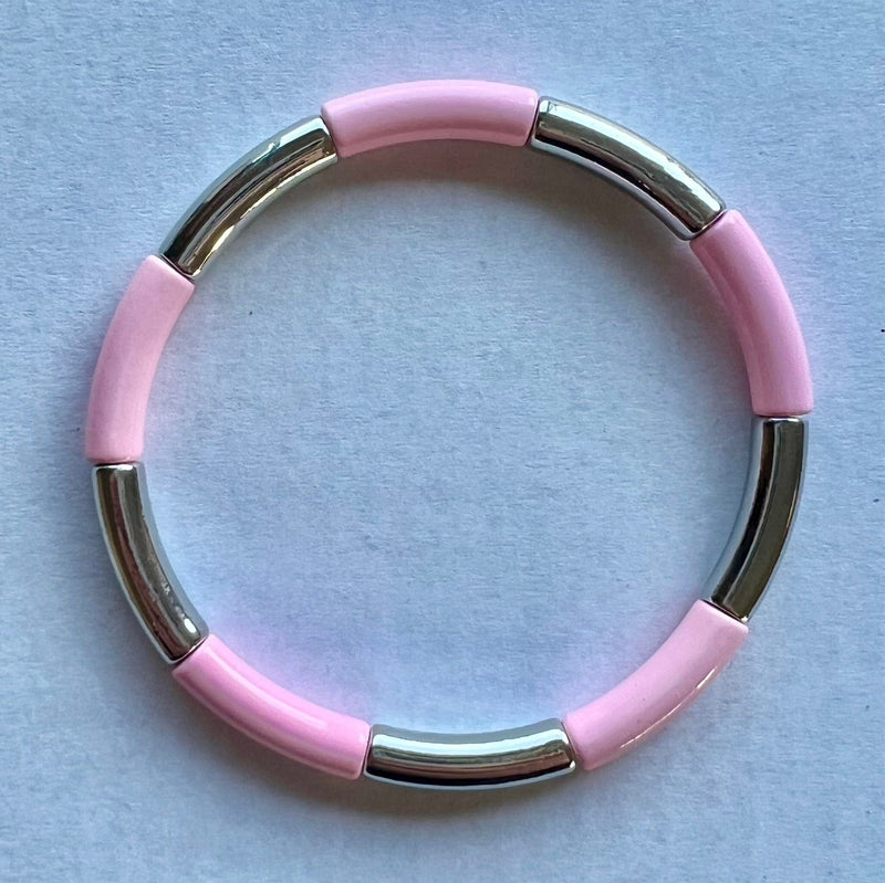 Silver Enamel Bracelet - Tubey Baby Pink/Silver