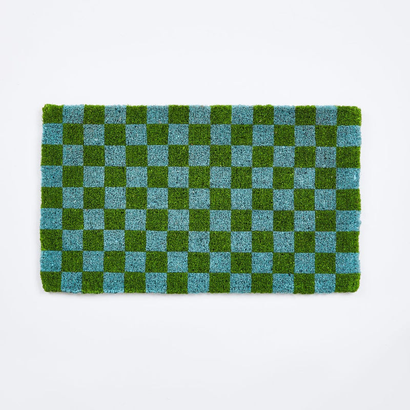 Checkers Blue Green Door Mat