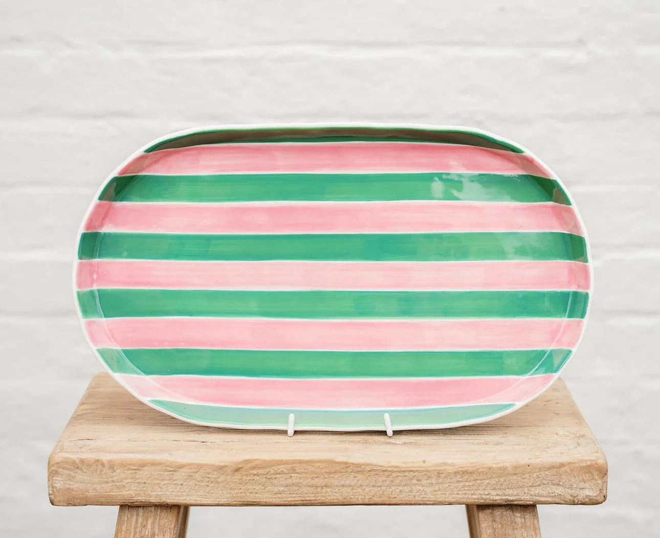 Oval Platter | Pink + Green stripes