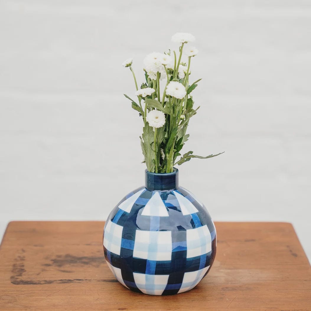 Round Bud Vase | Navy + Cornflower Gingham