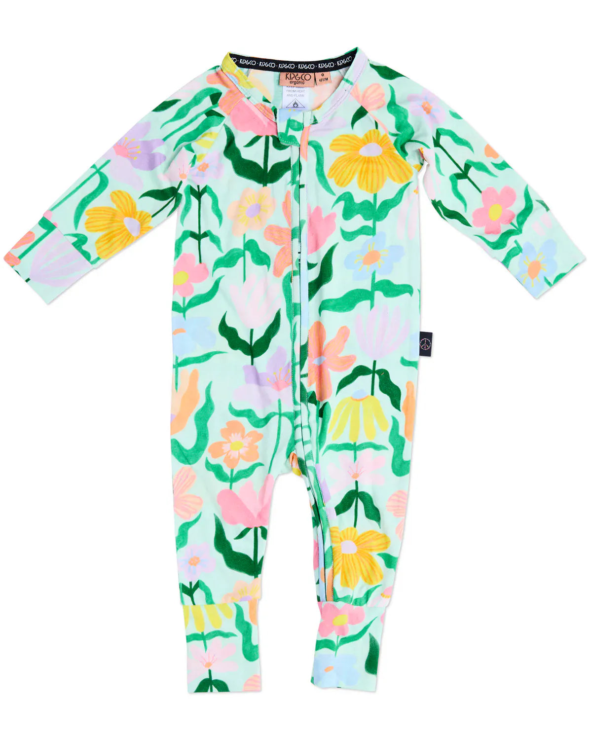 Popping Flowers Green Organic Long Sleeve Zip Romper | 6-12 Months