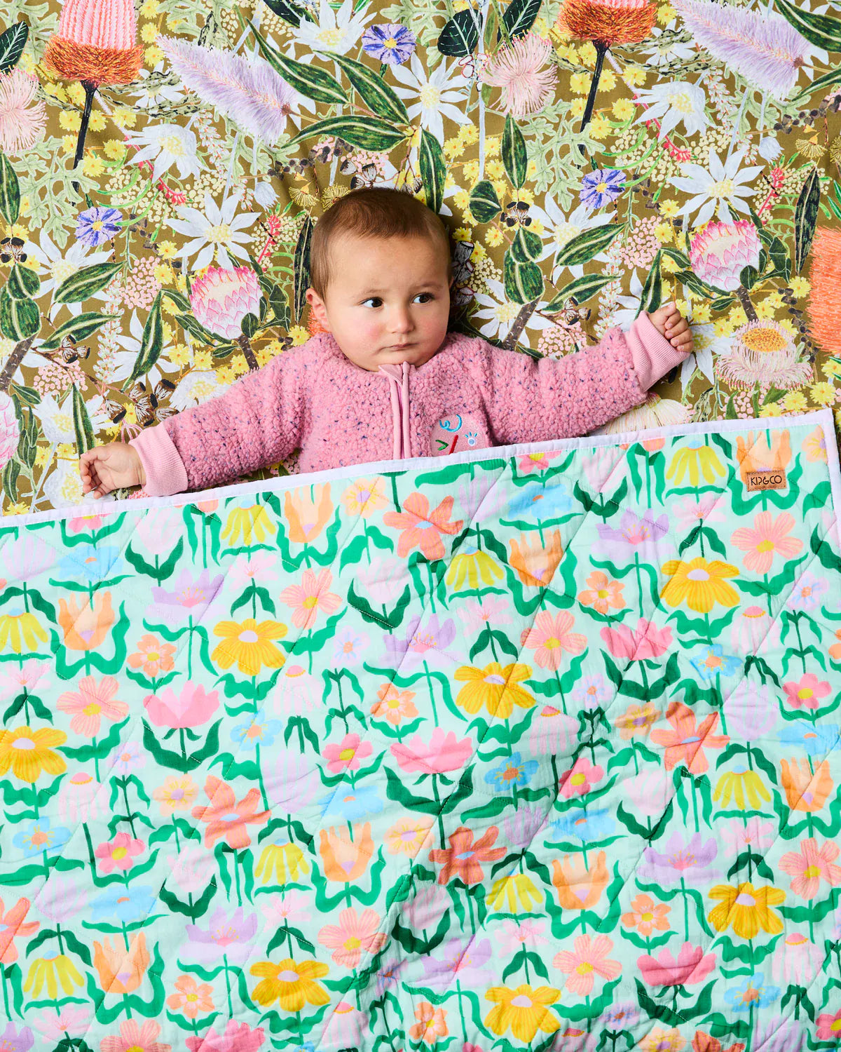 Popping Flowers Green Organic Cotton Quilted Cot Bedspread