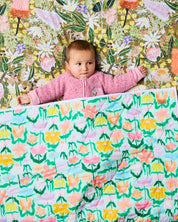 Popping Flowers Green Organic Cotton Quilted Cot Bedspread