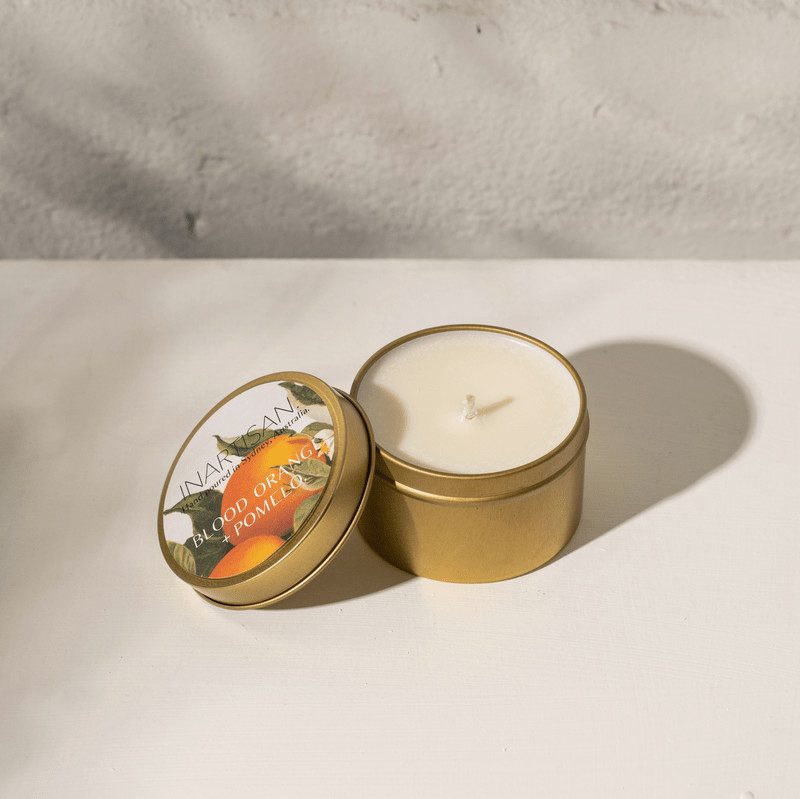 Hand Poured Soy Candle in Travel Tin - Brass - Blood Orange & Pomelo