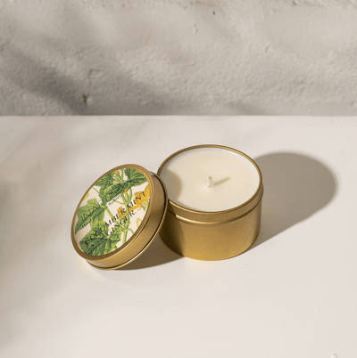 Hand Poured Soy Candle in Travel Tin - Brass - Cucumber Mint & Ginger