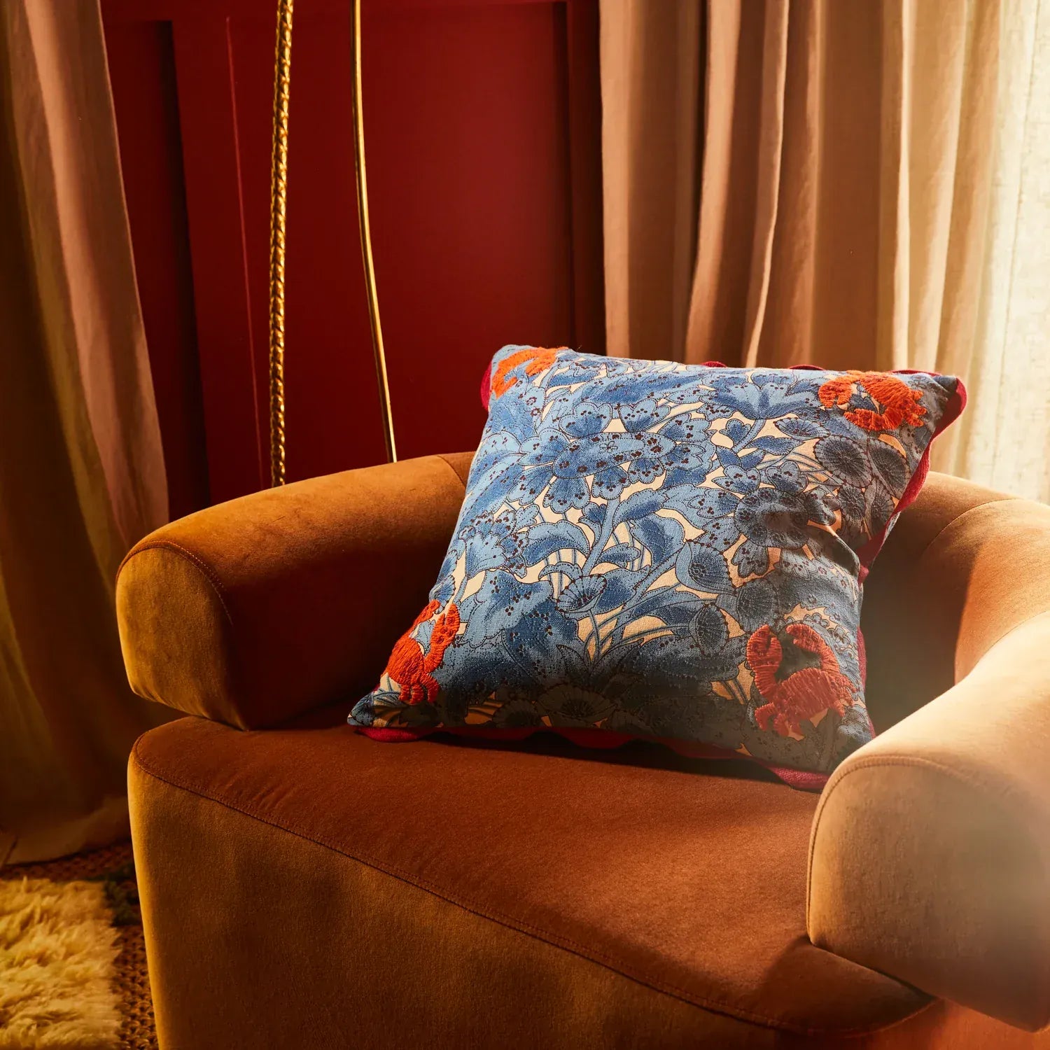 Lucia Embroidered Cushion | Cerulean | Feather Insert