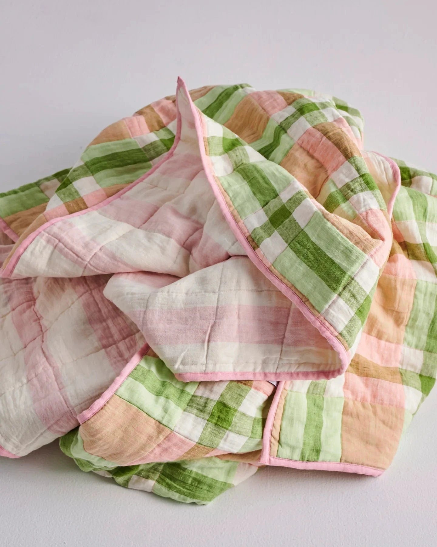 Pistachio Tartan Reversible Linen Quilted Bedspread One Size