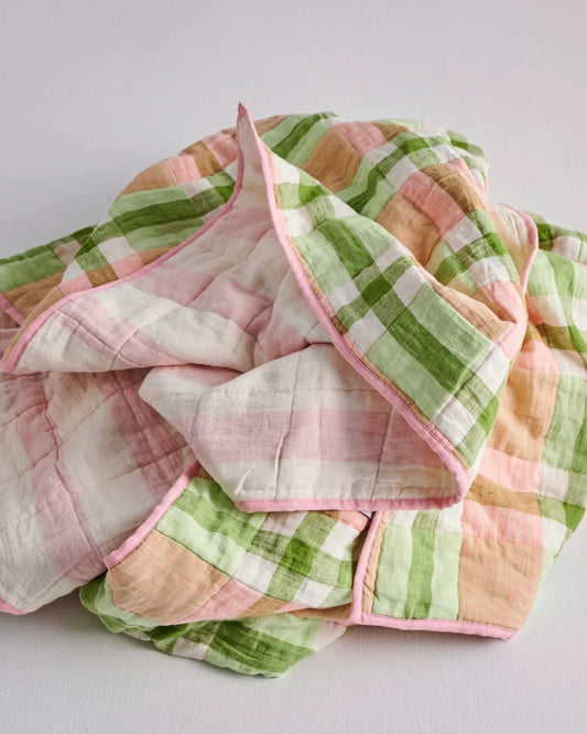 Pistachio Tartan Reversible Linen Quilted Bedspread One Size