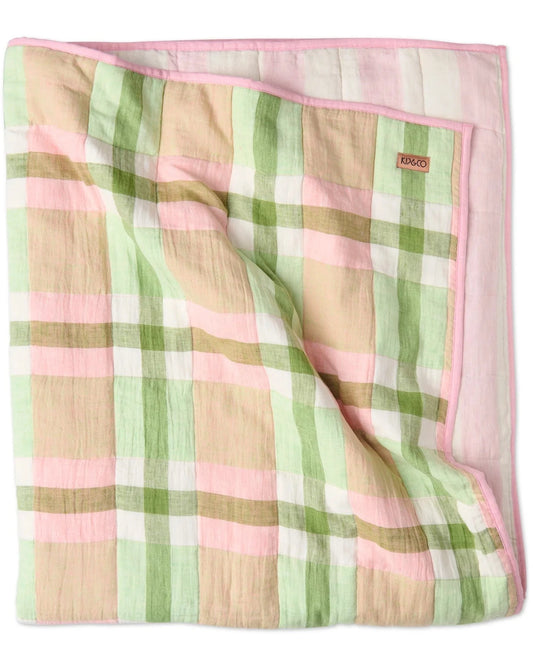 Pistachio Tartan Reversible Linen Quilted Bedspread One Size