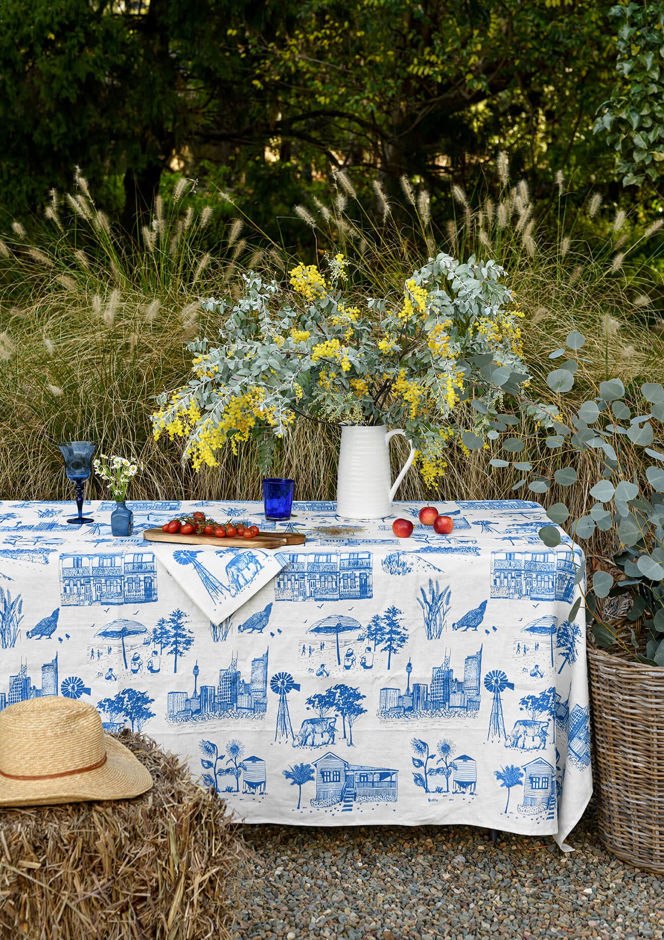 Bush + Big Smoke Blue TableCloth | Natural Linen