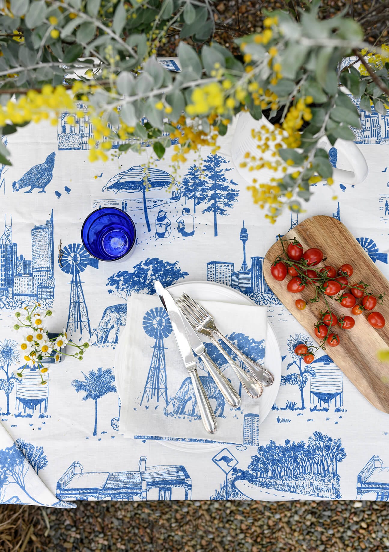 Bush + Big Smoke Blue TableCloth | Natural Linen