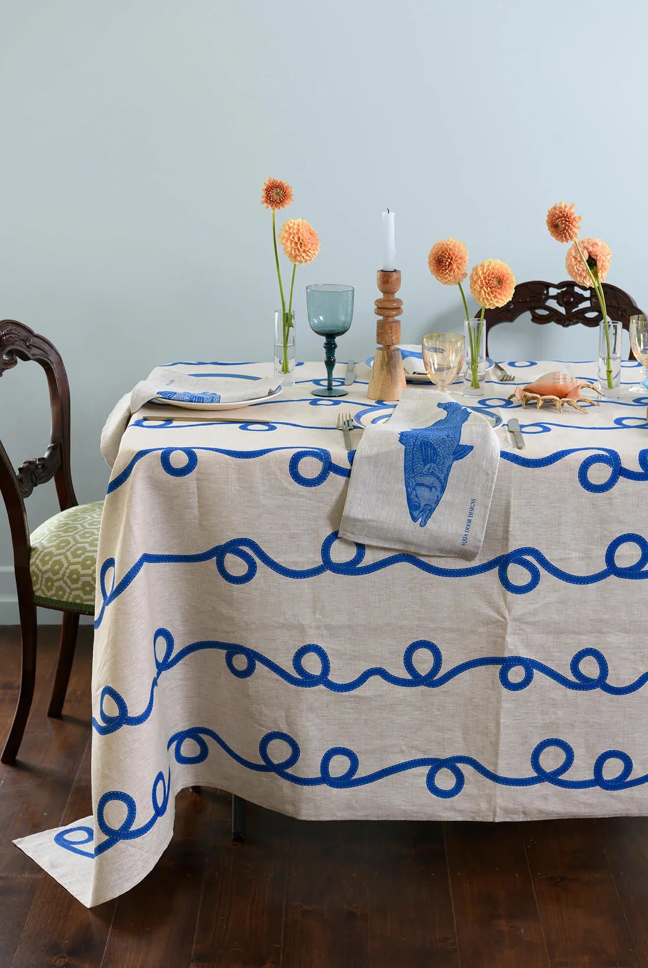 Stitches Cobalt TableCloth | Natural Linen