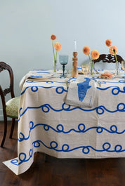 Stitches Cobalt TableCloth | Natural Linen