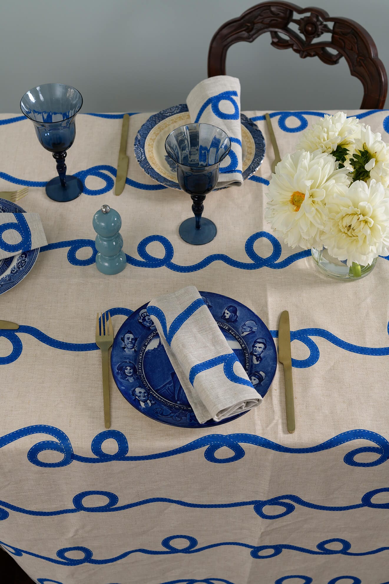 Stitches Cobalt TableCloth | Natural Linen