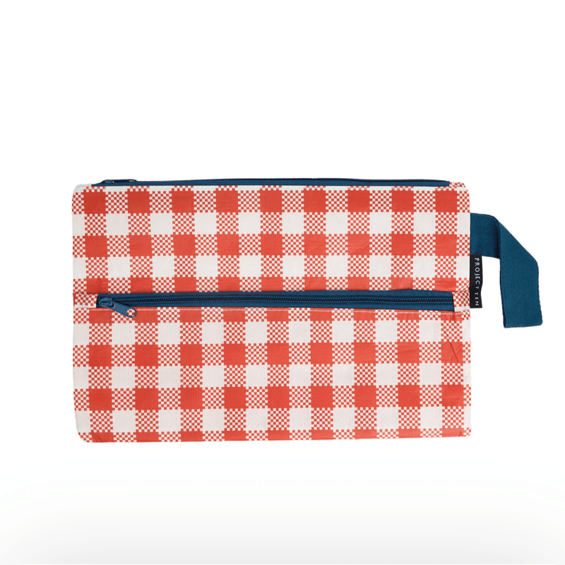 red checkerboard pencil case